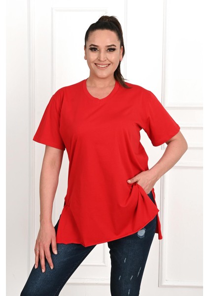 Moda Xlarge Kadın V Yaka Yırtmaçlı Büyük T-Shirt 1199-22