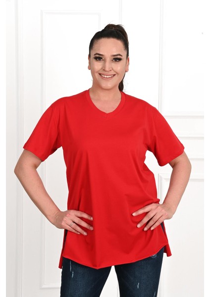 Moda Xlarge Kadın V Yaka Yırtmaçlı Büyük T-Shirt 1199-22