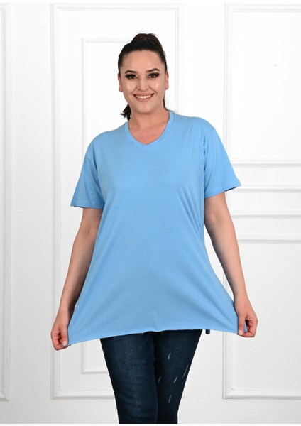 Moda Xlarge Kadın V Yaka Yırtmaçlı Büyük T-Shirt 1199-22