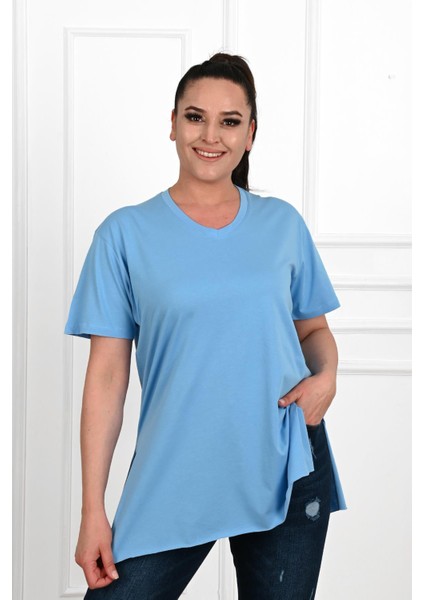 Moda Xlarge Kadın V Yaka Yırtmaçlı Büyük T-Shirt 1199-22