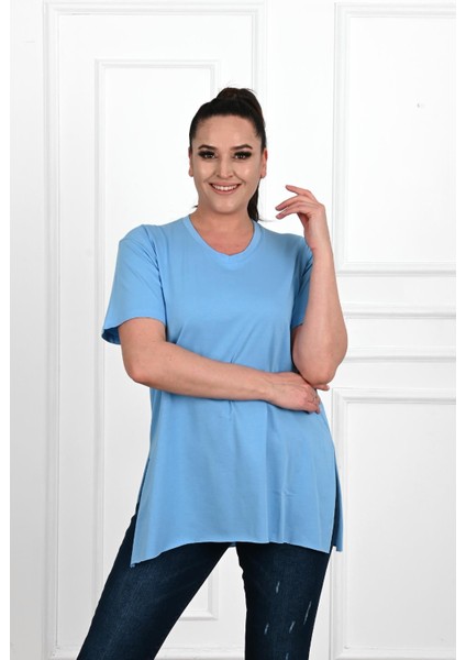 Moda Xlarge Kadın V Yaka Yırtmaçlı Büyük T-Shirt 1199-22