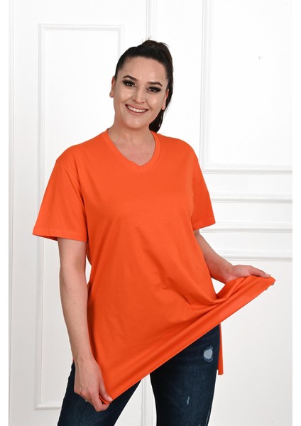 Moda Xlarge Kadın V Yaka Yırtmaçlı Büyük T-Shirt 1199-22