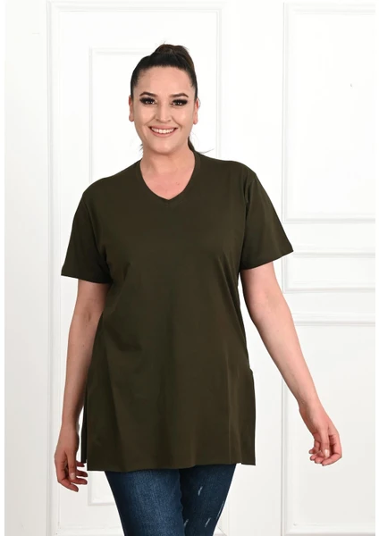 Moda Xlarge Kadın V Yaka Yırtmaçlı Büyük T-Shirt 1199-22