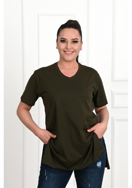 Moda Xlarge Kadın V Yaka Yırtmaçlı Büyük T-Shirt 1199-22