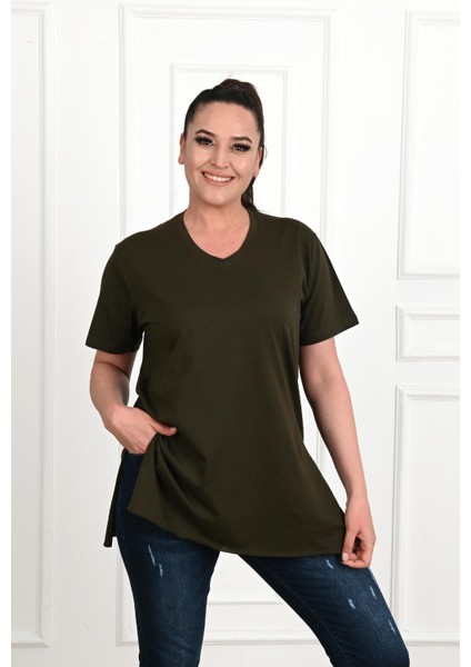 Moda Xlarge Kadın V Yaka Yırtmaçlı Büyük T-Shirt 1199-22