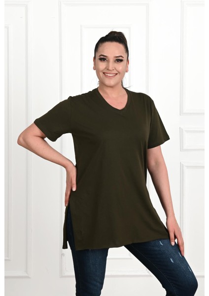 Moda Xlarge Kadın V Yaka Yırtmaçlı Büyük T-Shirt 1199-22