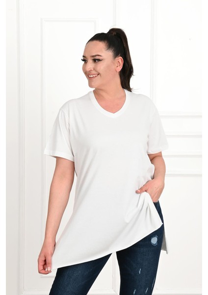 Moda Xlarge Kadın V Yaka Yırtmaçlı Büyük T-Shirt 1199-22