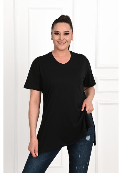 Moda Xlarge Kadın V Yaka Yırtmaçlı Büyük T-Shirt 1199-22