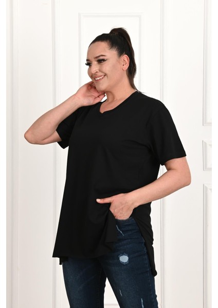 Moda Xlarge Kadın V Yaka Yırtmaçlı Büyük T-Shirt 1199-22