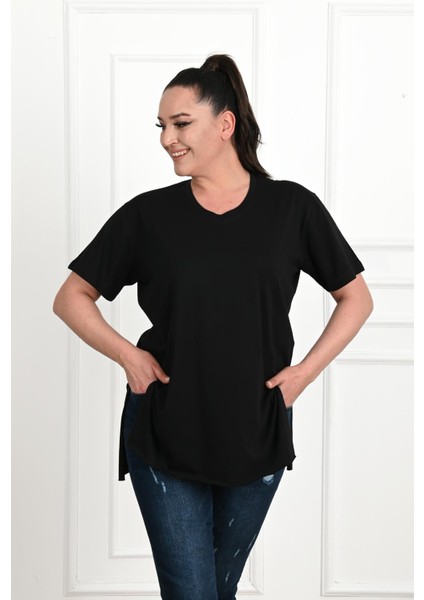 Moda Xlarge Kadın V Yaka Yırtmaçlı Büyük T-Shirt 1199-22