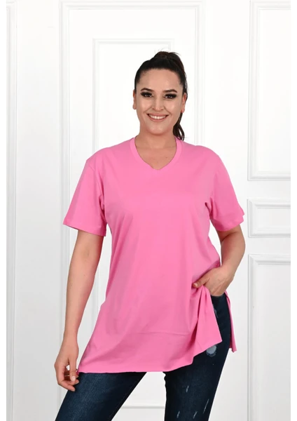 Moda Xlarge Kadın V Yaka Yırtmaçlı Büyük T-Shirt 1199-22