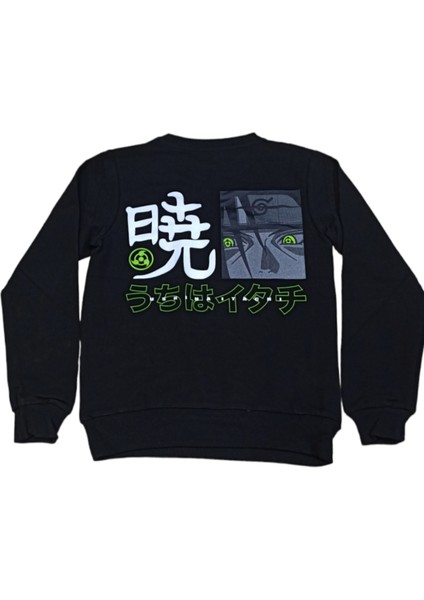 Erkek Çocuk /kız Çocuk Çift Taraf Anime Karakter Yazı Desenli Siyah Sweatshirt