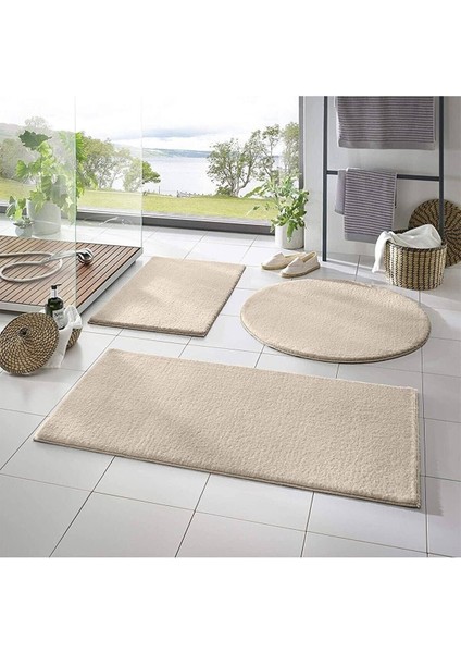 3'Lü Banyo Halısı Peluş Post Halı Klozet Takımı Bej-Vizon 50 x 90--50 x 60--50 x 50(Yuvarlak)