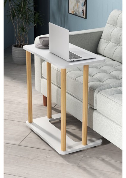 Beyaz Laptop Sehpası Ham Ahşap Ayaklı Ahşap Tabla Demonte C-Sehpa Yan Koltuk Servis Sehpası 35X60