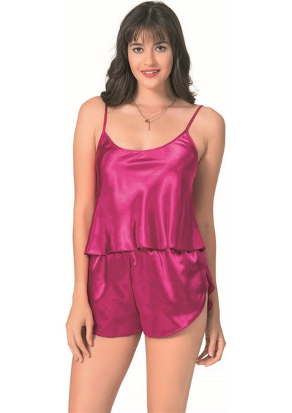 Shopidik Vişne Saten Babydoll Şort Takımı