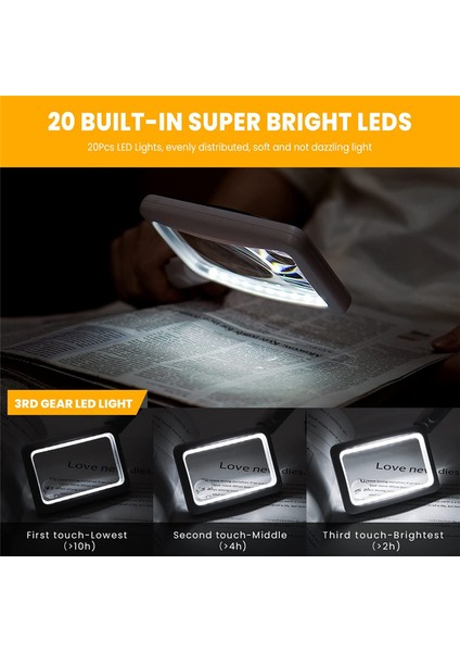 20LED Işıklı 4x Şarj Edilebilir Büyüteç, Elde Taşınabilir Dikdörtgen Sayfa Işıklı Büyüteç, 3 Parlaklık Modu (Yurt Dışından)