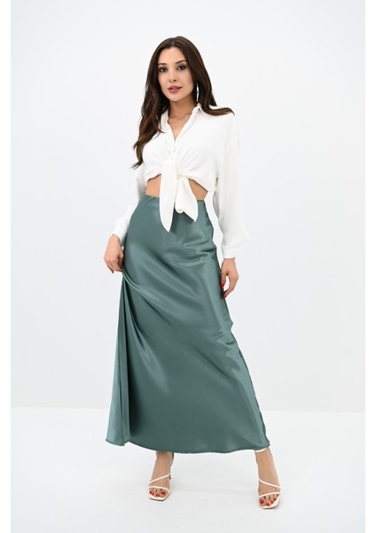 Butik Kadın Midi Boy Yüksek Bel Dökümlü Saten Etek 6275-24