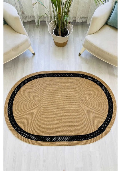 Premium Naturel Siyah Oval Dekoratif Kilim Salon Halısı Oturma Odası Halsı 5002