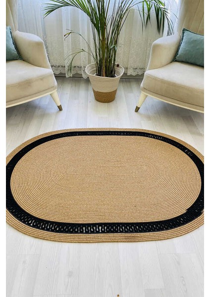 Premium Naturel Siyah Oval Dekoratif Kilim Salon Halısı Oturma Odası Halsı 5002