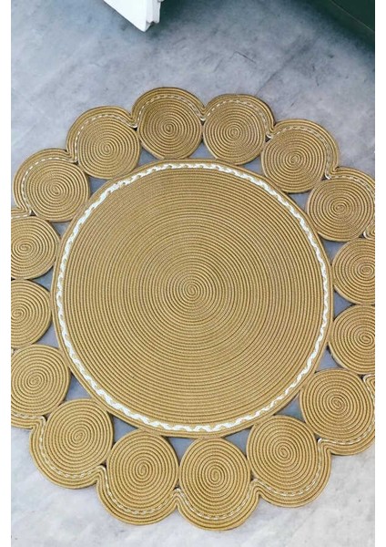 Premium Naturel Krem Daire Dekoratif Kilim Salon Halısı Oturma Odası Halsı 5004