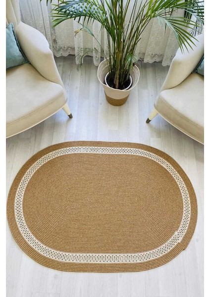 Premium Naturel Krem Oval Dekoratif Kilim Salon Halısı Oturma Odası Halsı 5001