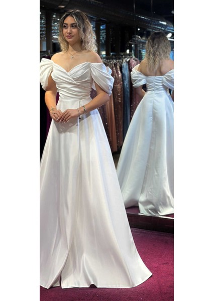 Beyaz Düşük Kollu Anvelop Yırtmaçlı Kloş Etekli Saten Uzun Abiye Elbise 7568 modelleri