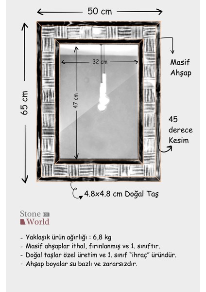 El Yapımı Masif Ahşap & Noçe Teraverten Çerçeveli Duvar Aynası – 50x65 cm – U25.1 modelleri