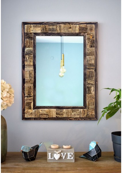 El Yapımı Masif Ahşap & Mistik Teraverten Çerçeveli Duvar Aynası – 50x65 cm – U50.1