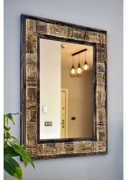 El Yapımı Masif Ahşap & Mistik Teraverten Çerçeveli Duvar Aynası – 50x65 cm – U50.1 fiyatları