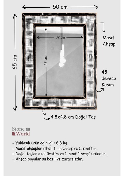 El Yapımı Masif Ahşap & Mistik Teraverten Çerçeveli Duvar Aynası – 50x65 cm – U50.1 modelleri