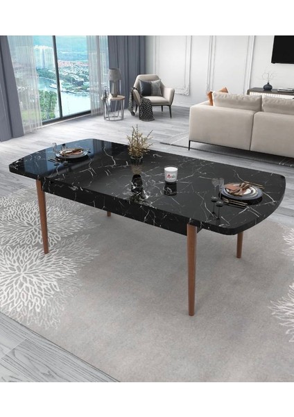 Yemek Masası Açılabilir 6 kişilik Siyah Mermer 80X130