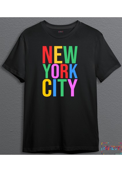 New York City Renkli Yazı Unisex Tişört