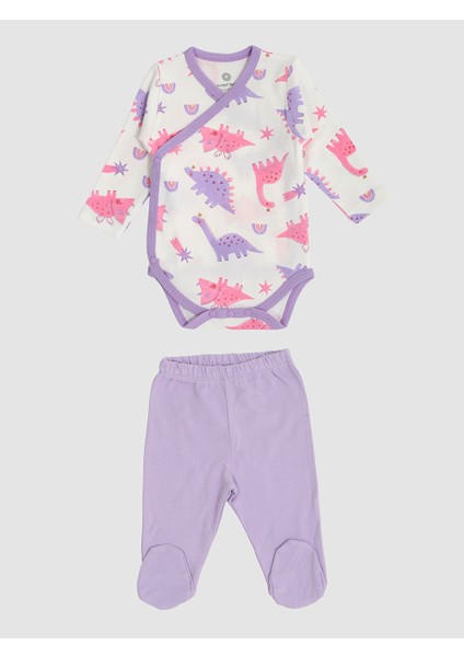 Uzun Kollu Desenli Kız Bebek Takımı 0-6 Ay