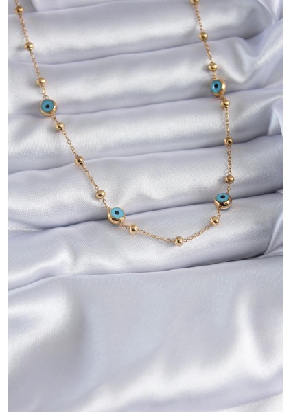 Çelik Gold Renk Nazar Boncuk Model Minimal Top Detay Kadın Kolye