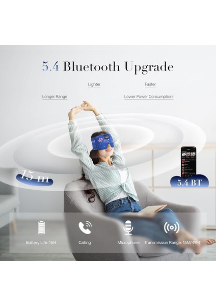 Yan Uyuyanlar Için Ipek Uyku Maskesi Kulaklık - Bluetooth 5.4 - Mavi
