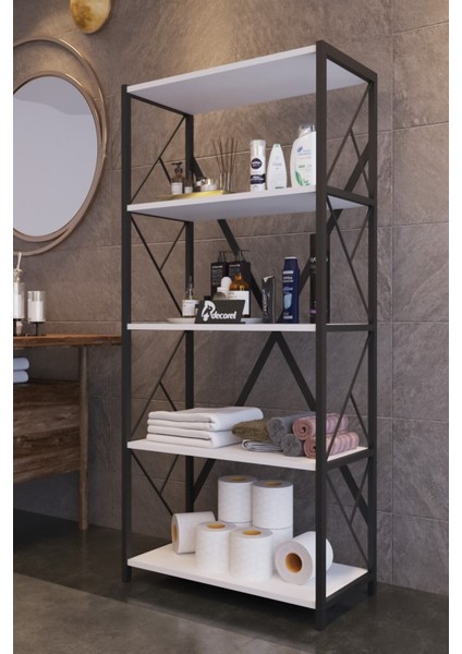 Mony Metal Banyo Rafı Ünite 5 Raflı Banyo Düzenleyici Raf Deterjan Havlu Rafı Havluluk 150 cm Beyaz