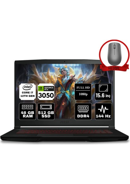 Msı Thın GF63 Intel Core I7 12650H 48GB 512GB SSD RTX3050 15.6" Fhd 144Hz W11H Taşınabilir Bilgisayar 12UC-666XTR-A12 & Anzar Mouse