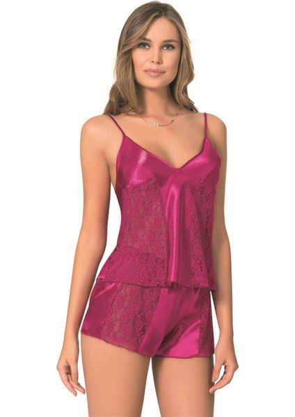 Shopidik Vişne Saten Babydoll Şort Takımı