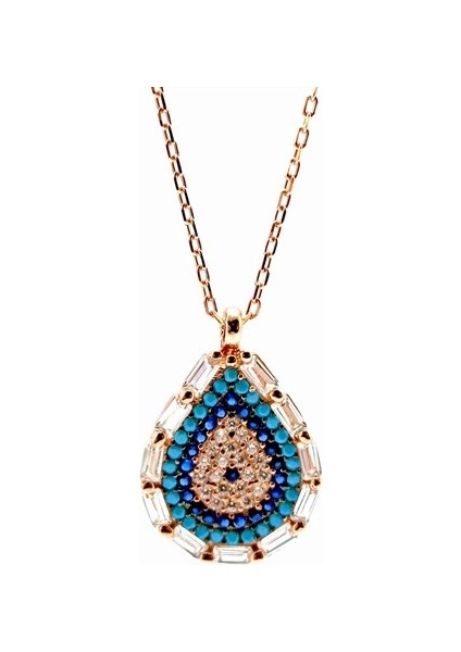 Baget ve Turkuaz Taşlı Damla Model Nazar Boncuğu Rose Renk Gümüş Kolye