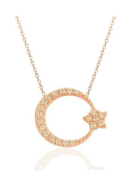 Ay Yıldız Türk Bayrağı Zirkon Taşlı Rose Bayan Gümüş Kolye