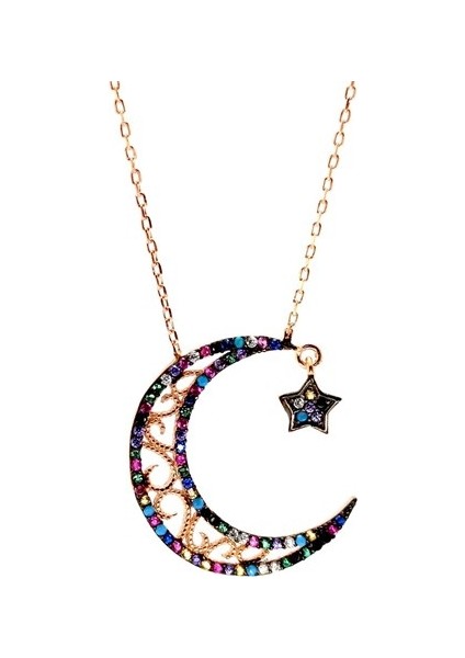 Renkli Zirkon Taşlı Ay Yıldız Bayan Gümüş Kolye Zincir