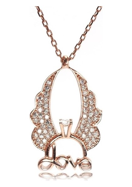 Tektaşlı Kanatlı Bayan Rose Gümüş Kolye Orta Boy