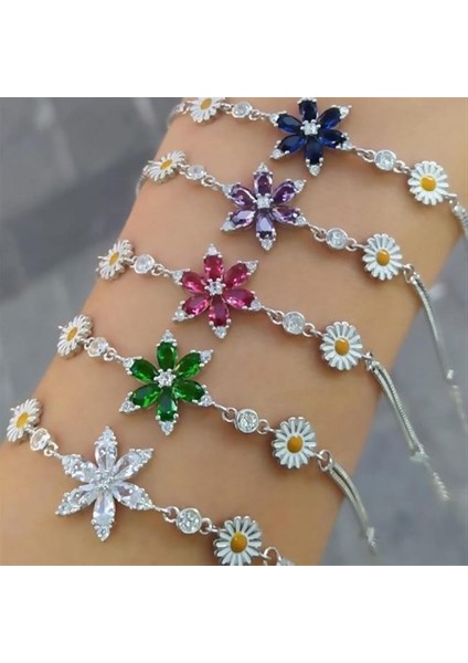 Papatyalı Nergis Çiçeği Zirkon Taşlı Bayan Gümüş Bileklik