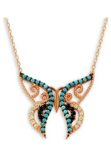 Turkuaz Taşlı Kelebek Bayan Gümüş Kolye