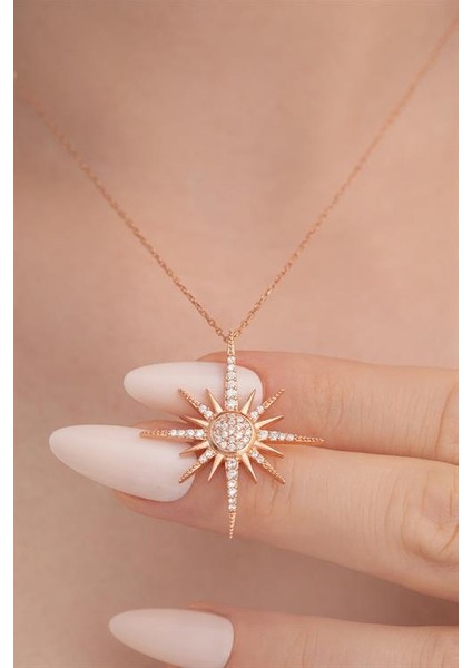 Zirkon Taşlı Rose Renk Kutup Yıldızı Model 2 Bayan Gümüş Kolye Gklktpyldz4-Ros