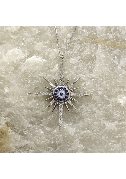 Zirkon Taşlı Nazar Boncuklu Kutup Yıldızı Bayan Gümüş Kolye modelleri