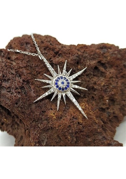 Zirkon Taşlı Nazar Boncuklu Kutup Yıldızı Bayan Gümüş Kolye indirimleri