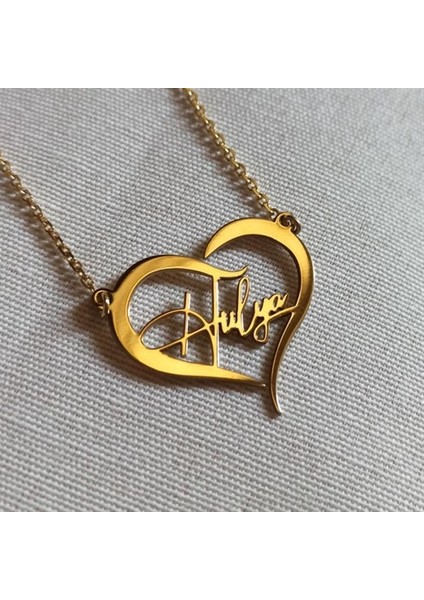 Kişiye Özel Kalp Içinde Imza Isim Yazılan Altın Renk Bayan Gümüş Kolye Zincir Gklaltısımy