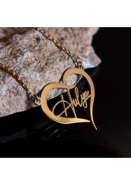 Kişiye Özel Kalp Içinde Imza Isim Yazılan Altın Renk Bayan Gümüş Kolye Zincir Gklaltısımy fiyatları