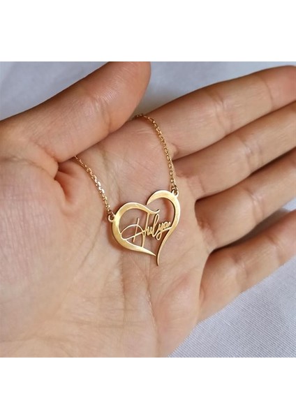 Kişiye Özel Kalp Içinde Imza Isim Yazılan Altın Renk Bayan Gümüş Kolye Zincir Gklaltısımy indirimleri